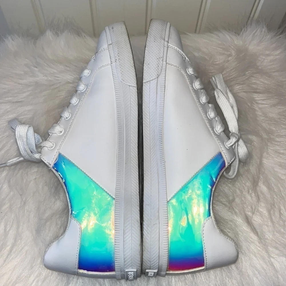 TOMMY Hilfiger white synthetic leather tie sneaker with iridescent panels size 9
